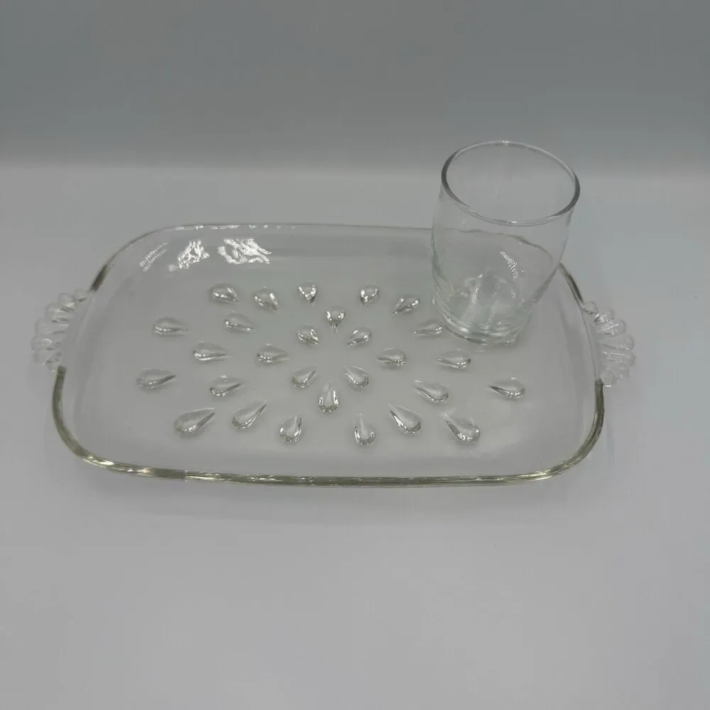 Vintage Hazel Atlas Tear Drop Glass Luncheon Snack Dessert Tray and Cup Set
